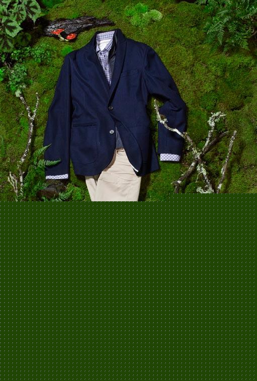 ALLEGRI peak lapel travel blazer in navy, $675. ZACHARY PRELL pallante small check shirt in navy & plum, $198. LEFT COAST TEE short-sleeve crewneck in white, $65. J BRAND Kane washed cotton twill pant in khaki, $195.
